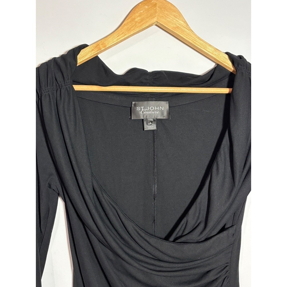 St John Couture Dress Women 8 Black Draped Neck Ruched Long Sleeve Knee Length - Picture 4 of 10